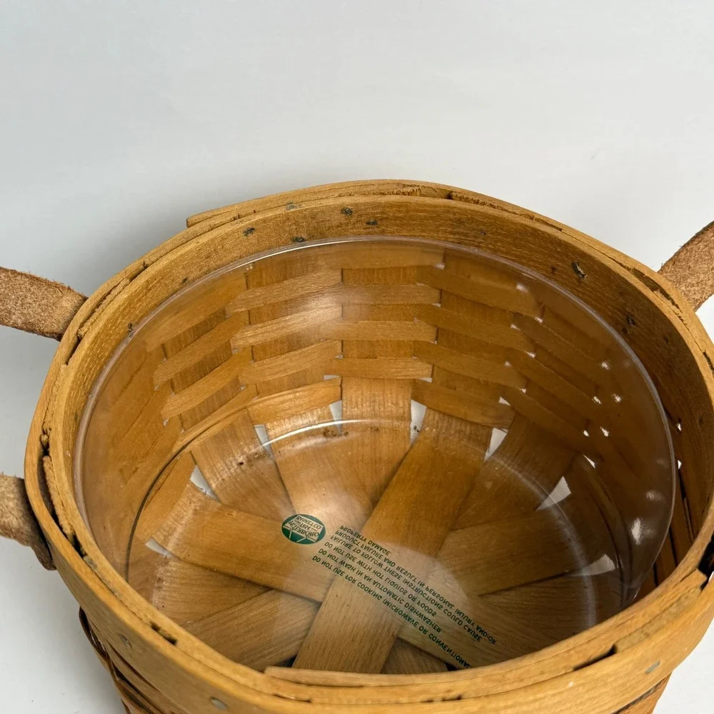 Peterboro Basket Co Round Woven Wood Basket with Leather Handles and Liner 7in